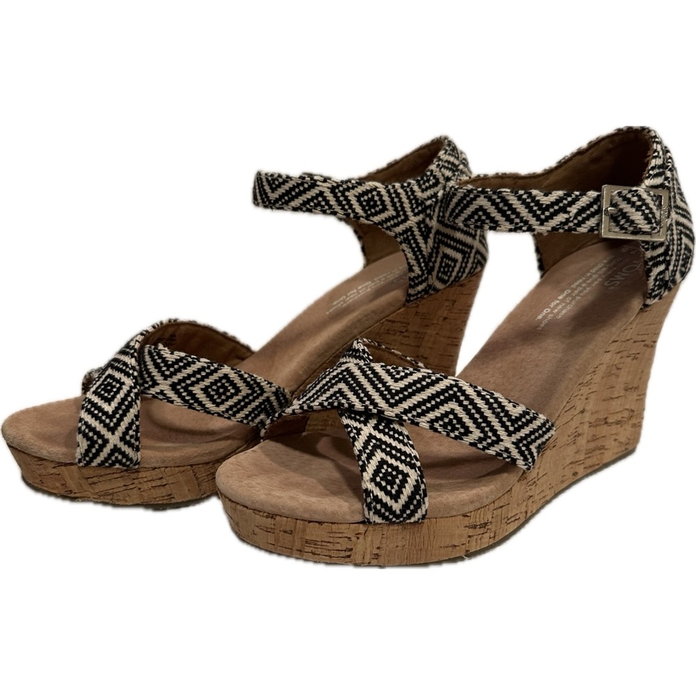 TOMS Seinna Espadrille Cork Wedge Aztec Black & White Size 7.5